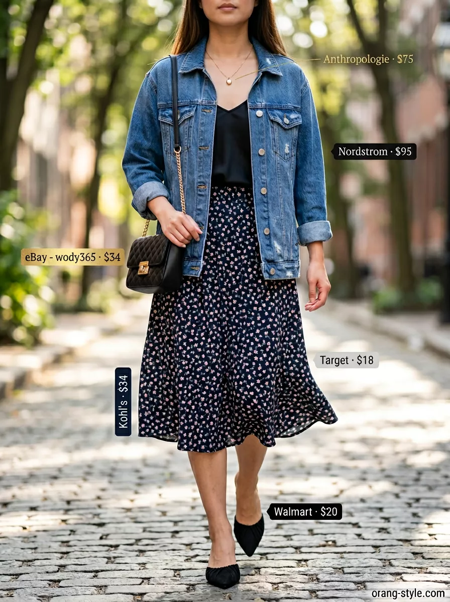 Chic summer denim jacket outfit with floral midi skirt, navy cami, and black kitten heels for city sightseeing.
