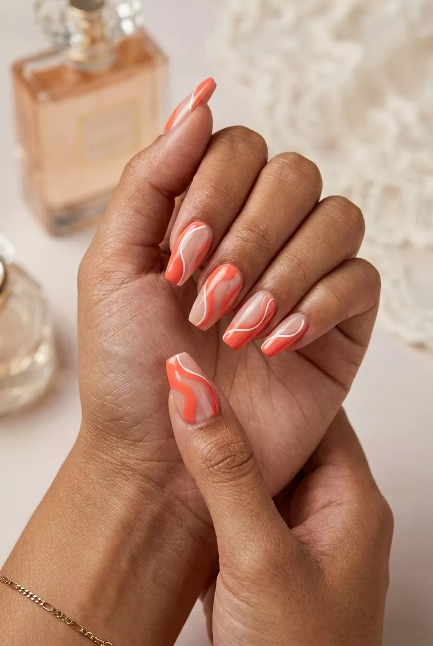 Coral Nude Swirl Nails 2026 | Artistic Birthday Abstract swirl coral and nude coffin nails for summer birthday nails 2026. Artistic, chic event style.