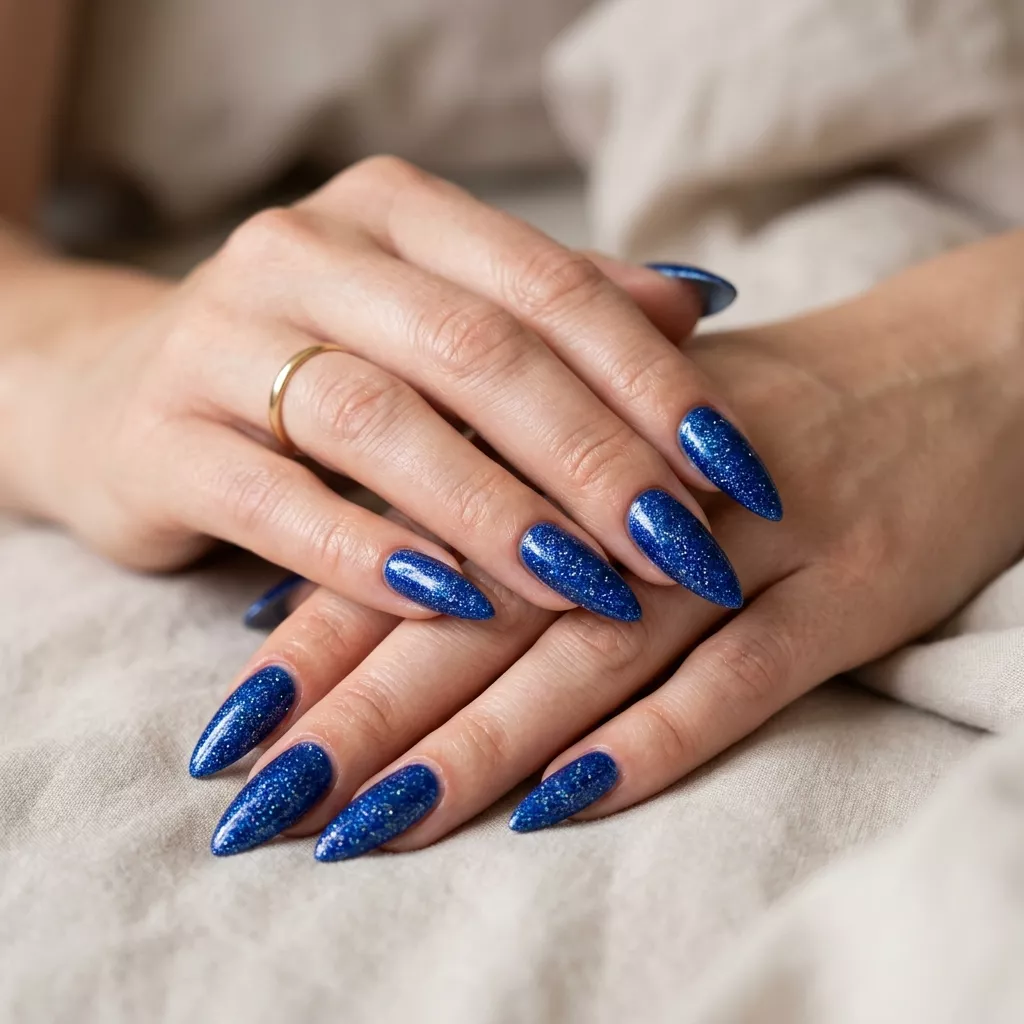 Electric Blue Stiletto Nails 2026 Electric Blue Glitter Stiletto Sparkle: Bold electric blue glitter stiletto nails for summer birthday nails 2026.