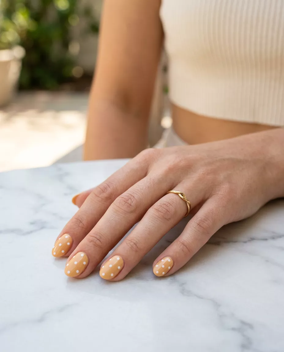 Butterscotch Dot Oval Nails 2026 Butterscotch dot oval summer nails 2026 for all skin tones. Playful & cheerful.