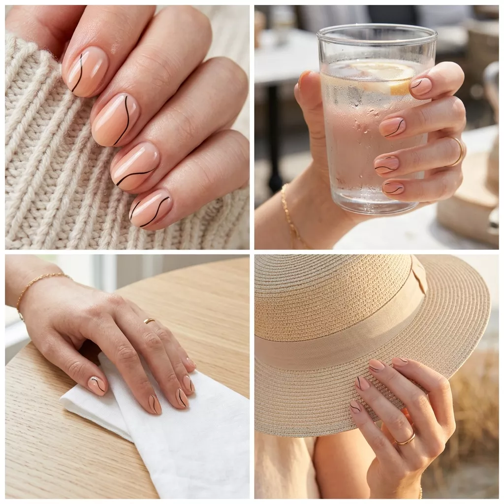 Sheer Peach Lines Oval Summer Nails 2026 Sheer peach abstract lines oval summer nails 2026 for all skin tones, minimalist for work and casual days.