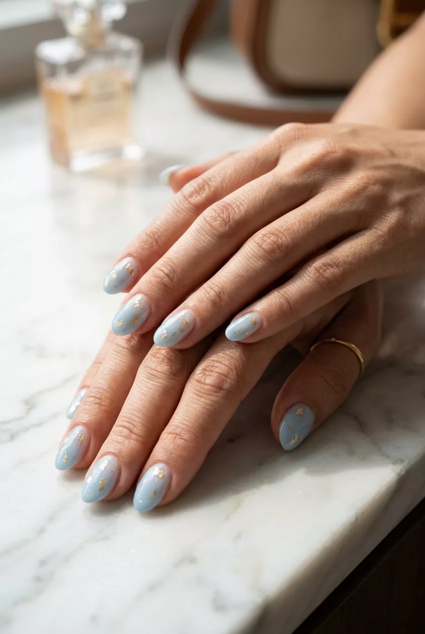 Summer Classy Nails 2026: Subtle Gold Foil Calm pale blue nails with subtle pale gold foil flakes for understated summer classy nails 2026.