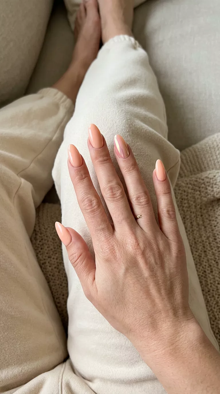 Soft Peach Chrome Accent Nails 2026 Soft Peach Chrome Accent nails: peach with iridescent chrome on ring finger. Glamorous for summer classy nails 2026 parties.