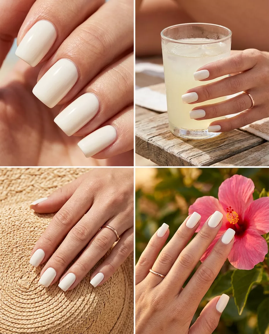 Creamy White Square Nails 2026: Timeless Chic Creamy white solid square nails for solid summer nails 2026, timeless and minimalist for work and weddings.