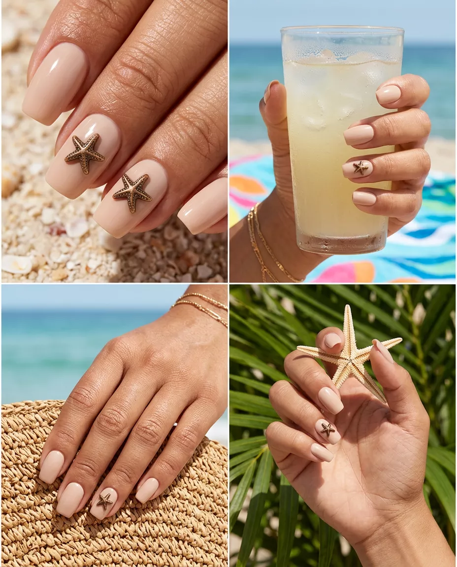 Playful neutral nude nails with 3D bronze starfish charms for cute summer nails 2026 vacation.
