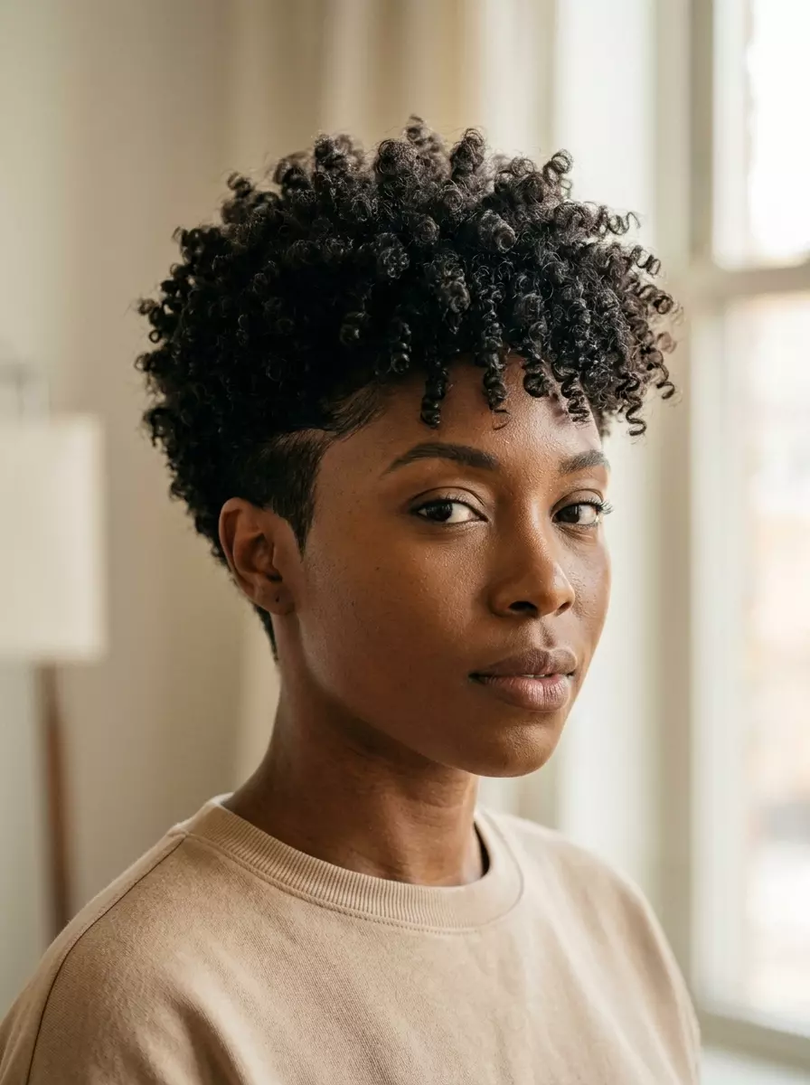 Voluminous Curly Fade Pixie Haircut 2026 very short pixie haircut with raven black, curly texture, clipper fade — confident daily style