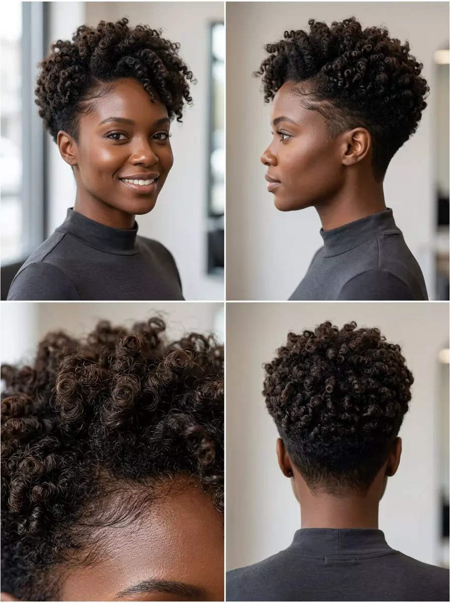 Sculpted Coil Pixie in Deep Black very short tapered pixie haircut in deep raven black, sculpted coils — empowered & natural