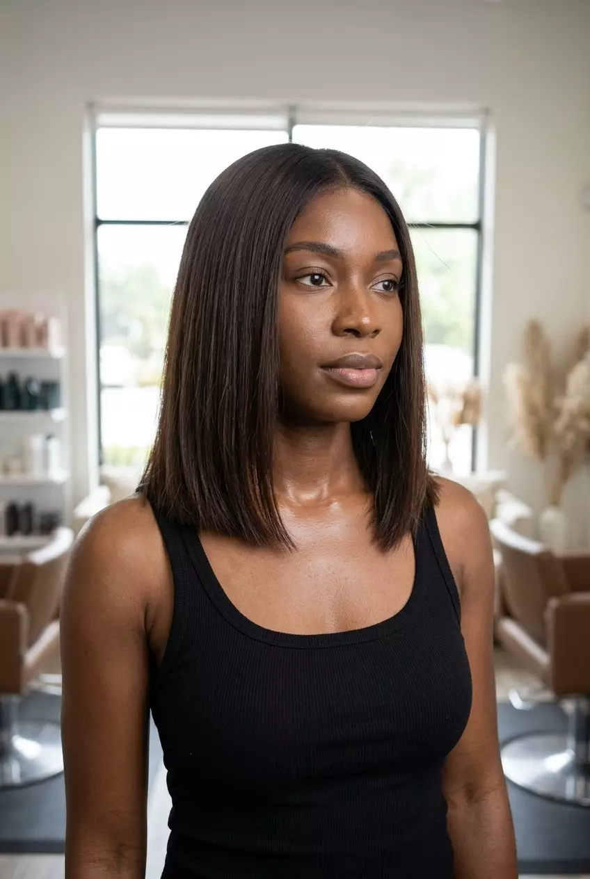 long raw cacao shadow root with darker neutral root, no fringe &mdash; understated professional luxury
