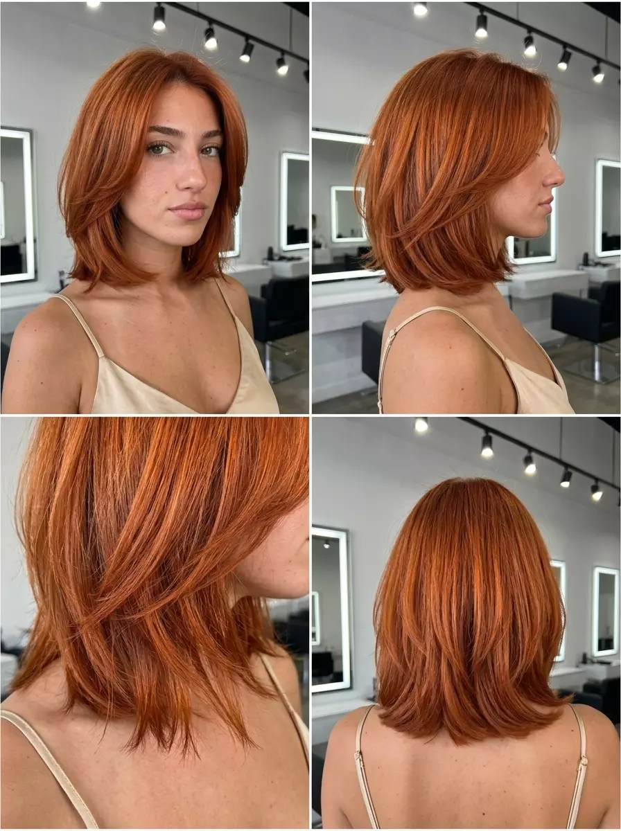 chin-length butterfly bob in vibrant red copper with textured layers for playful looks