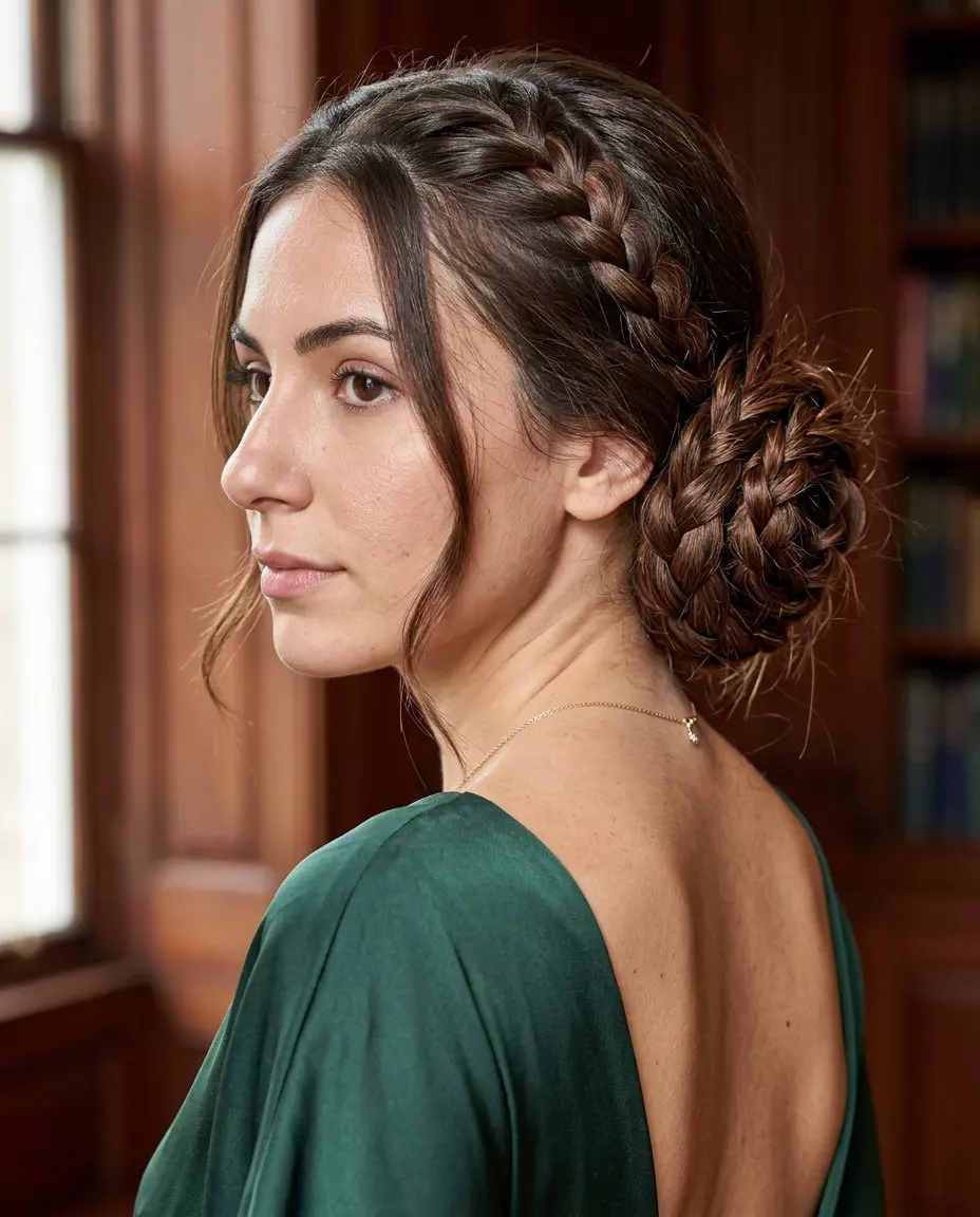 long layered haircut in rich brunette with chestnut undertones and braided rosette bun for summer