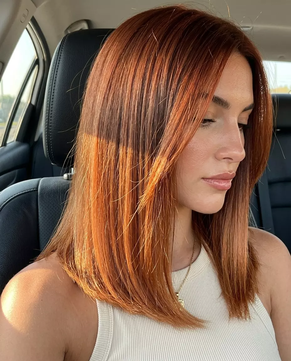 medium-length bob ombre rich copper with metallic penny ends, sharp drop line, N/A &mdash; bold professional event