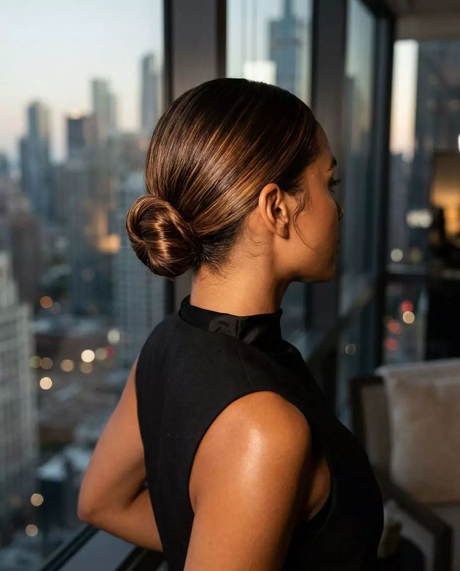 Sleek Italian Bob Knot Hairstyle 2026 Italian Bob sleek knot with rich dark brown hair, internal layering, no bangs — sophisticated urban