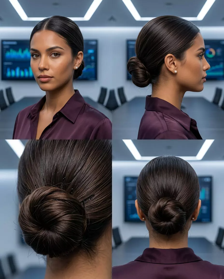 long rich espresso low minimalist bun with sleek finish for work