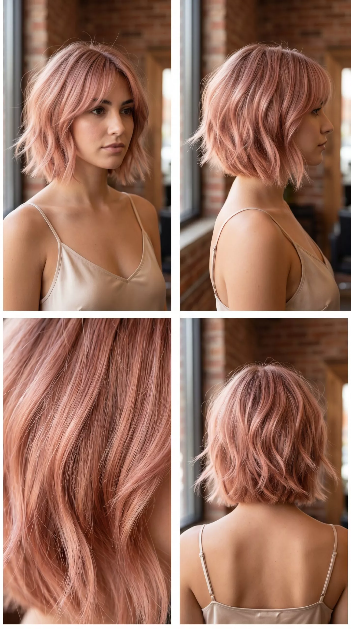 chin-length textured bob haircut in rose gold with peach and pink undertones