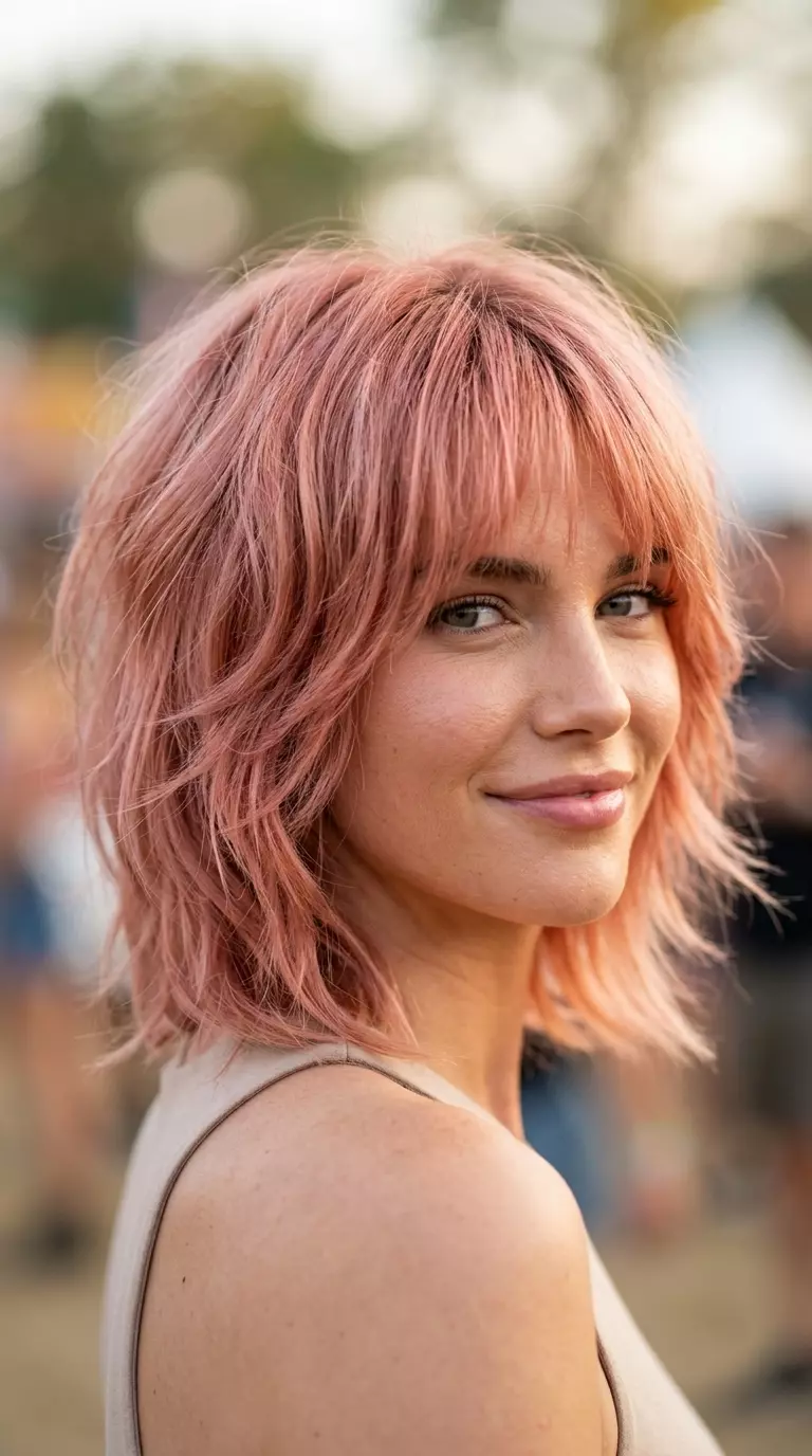 Rose Gold Shaggy Bob 2026: Playful & Edgy chin-length rose gold shaggy bob with wispy curtain bangs, layered crown — playful retro vibe
