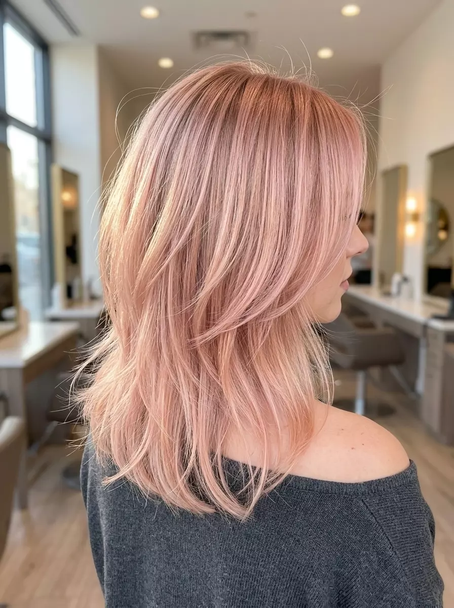 kitty cut with muted rose gold pastel, pink-gold blend, mid-length richness, soft fade &mdash; ethereal date night style