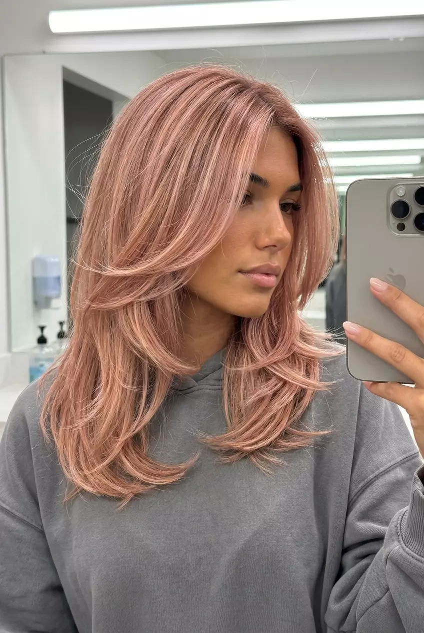 long butterfly cut rose gold balayage with soft pink & golden blonde, textured layers &mdash; romantic date night