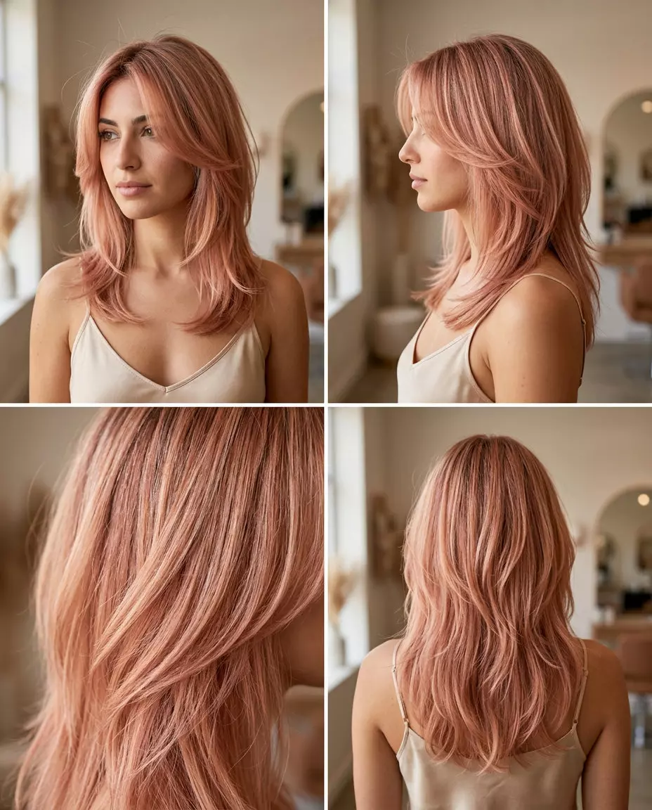 medium rose gold layered haircut with peach pink undertones and face-framing layers for romance