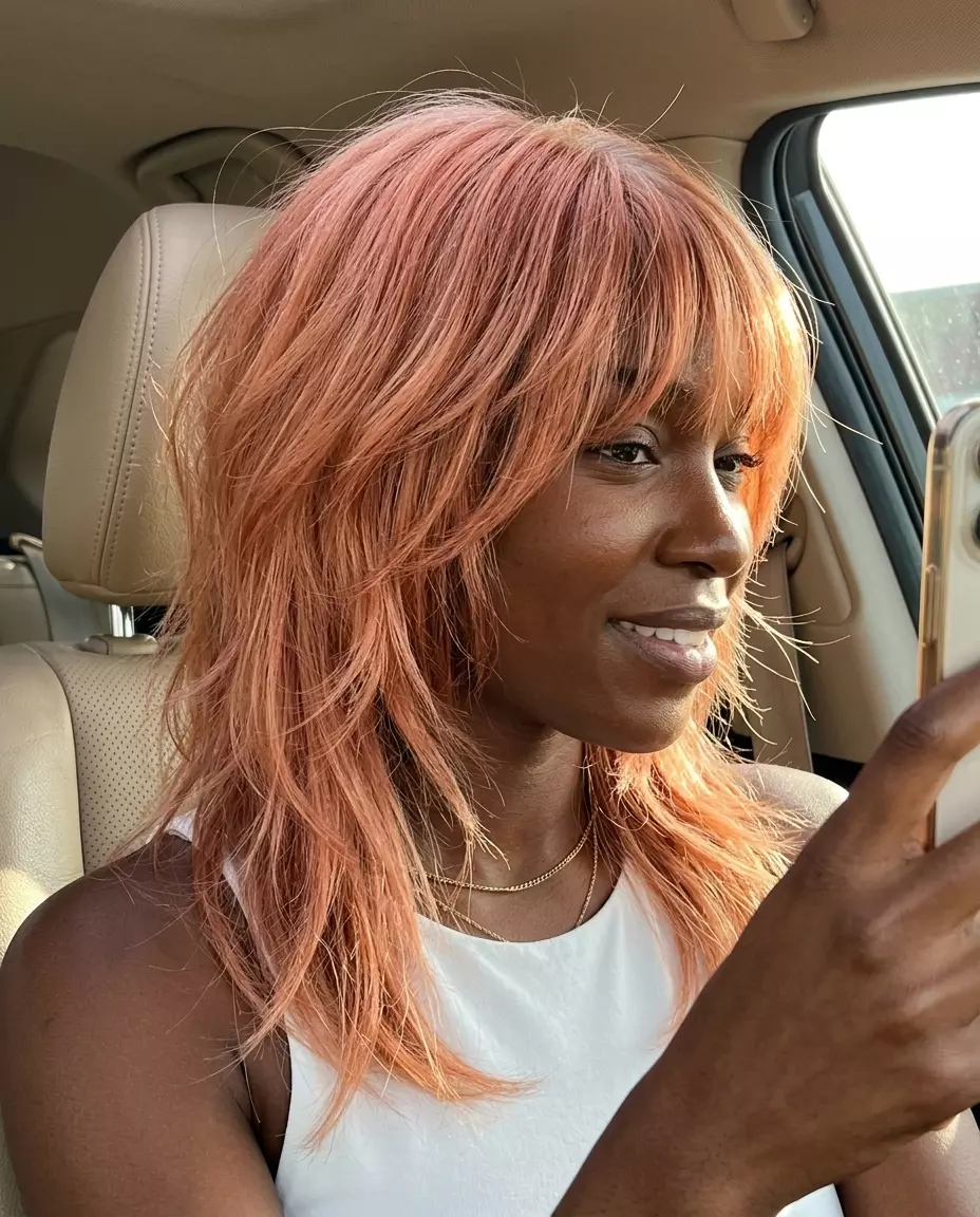 Playful Rose Gold Shag Hair 2026: Vibrant Color medium-long shag with rose gold and platinum base, choppy layers, wispy fringe — playful, vibrant