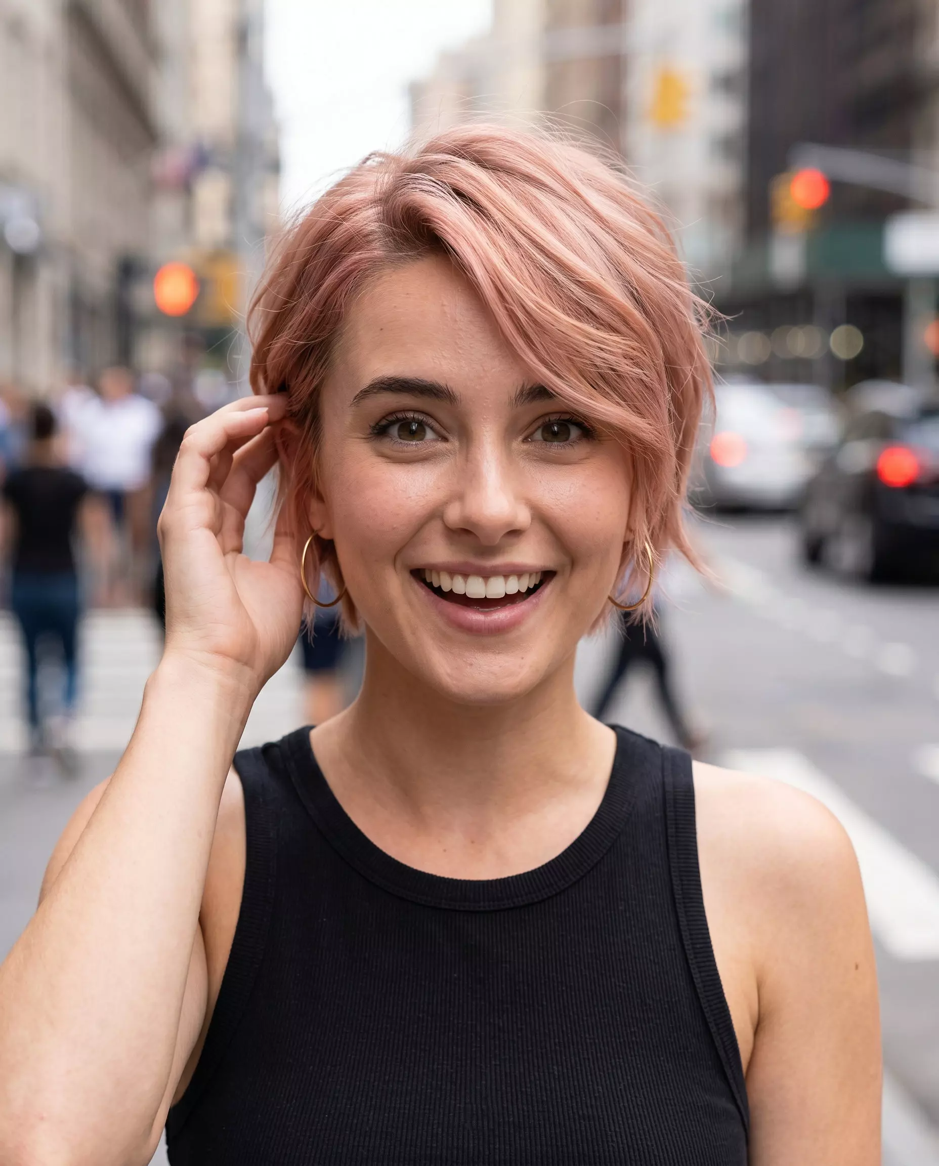 Rose Gold Pixie Haircut 2026 short textured pixie haircut with soft rose gold and side-swept pieces for a playful weekend