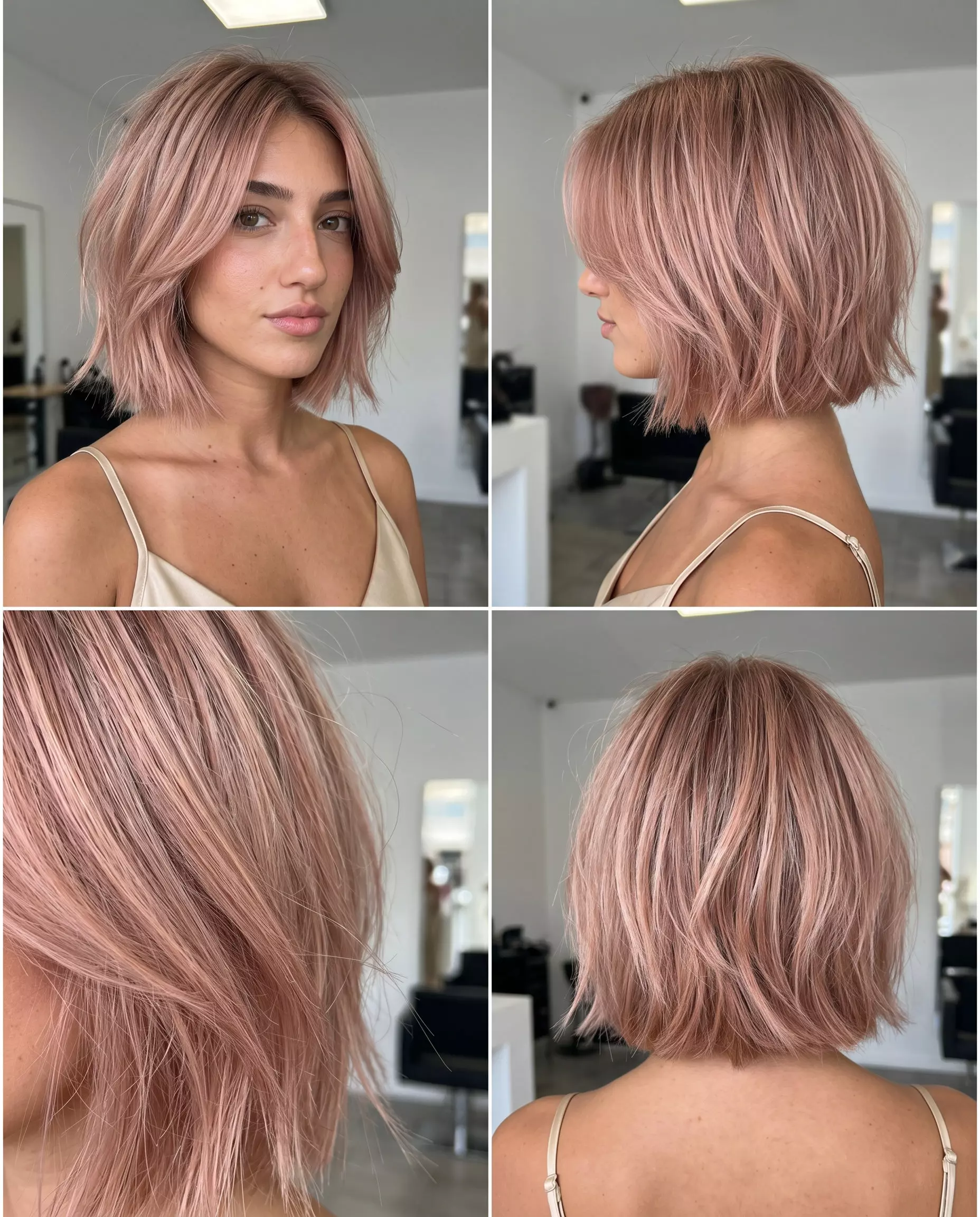 Rose Gold Shaggy Bob: Playful Summer Hair 2026 short shaggy bob haircut in rose gold with pink and champagne highlights, choppy layers and face-framing pieces for summer