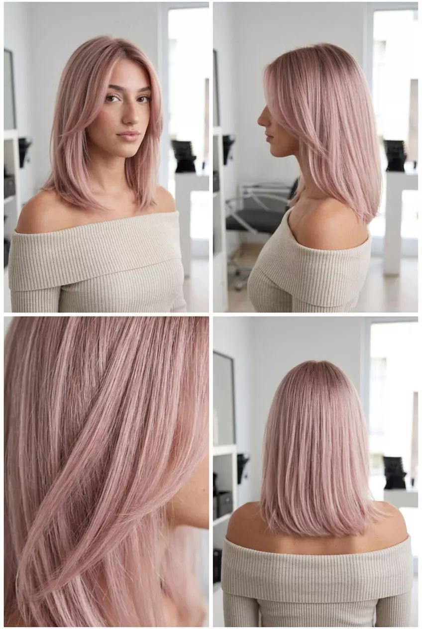 long layers with translucent rose quartz tint, sheer pink gloss, pale blonde undertones, face-framing pieces &mdash; romantic festival look