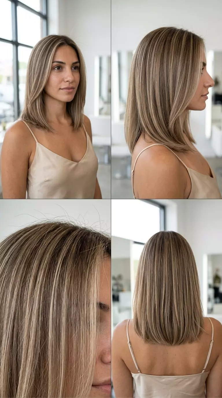 long layered haircut with sand beige blonde, face-framing highlights, natural chic