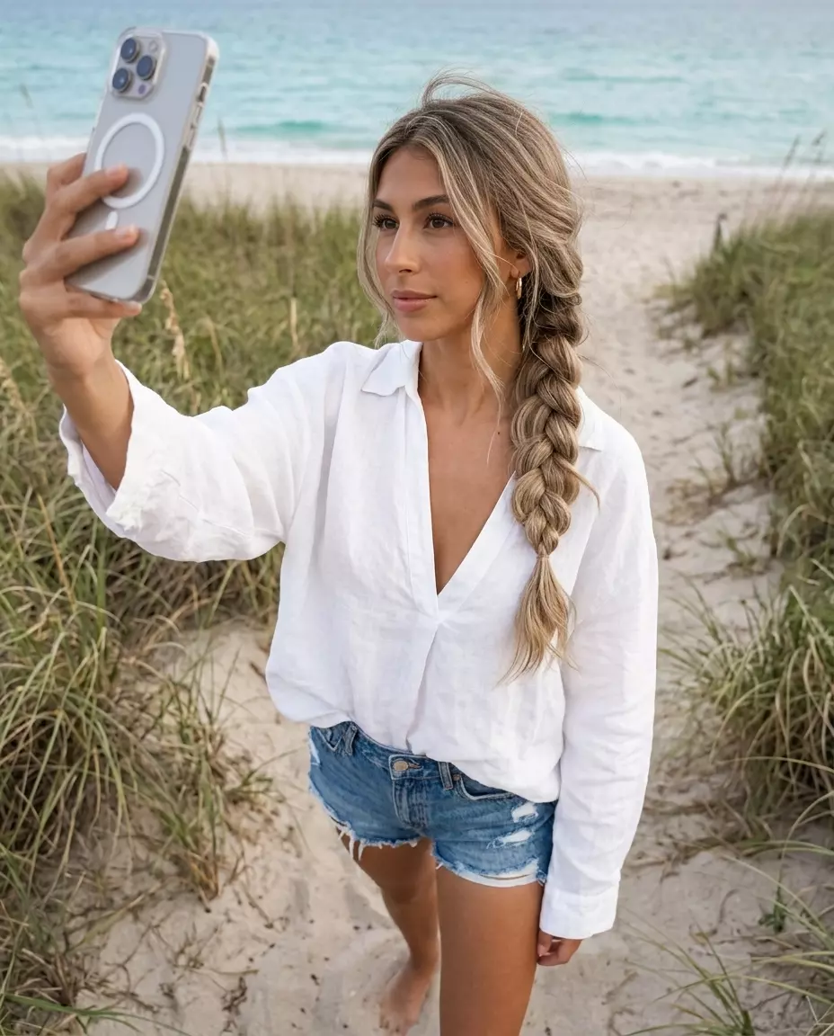 long mushroom sand blonde side braid with natural highlights, textured loose braid, wispy face-framing pieces &mdash; bohemian beach casual