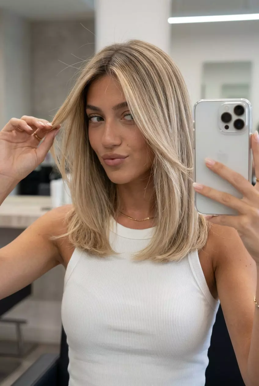 long sand blonde foilayage with warm beige lowlights and natural light brown root for summer