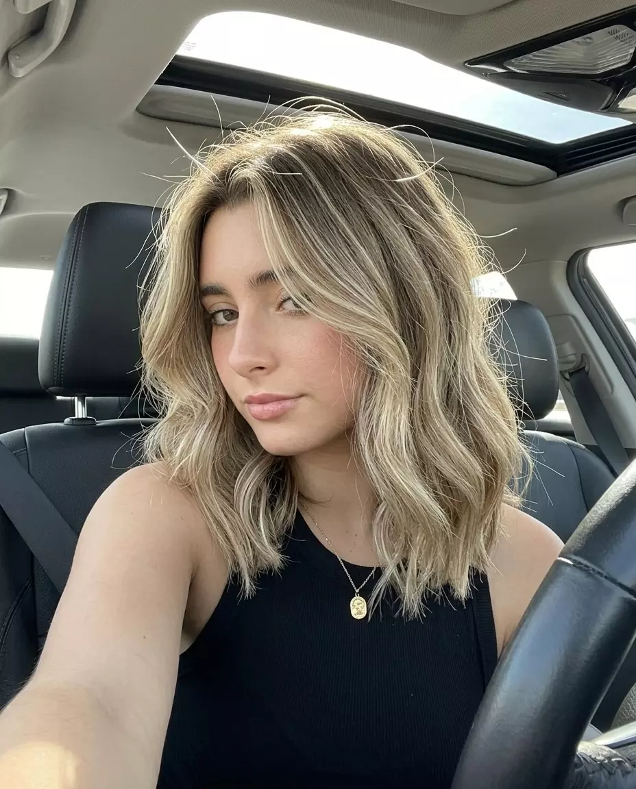 long layered sandy beige balayage with neutral blonde & natural root, diffused highlights &mdash; effortless summer vacation