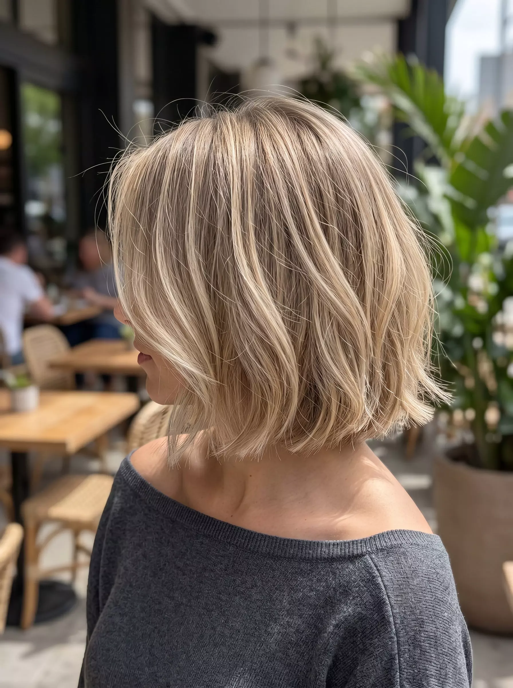 chin-length textured bob haircut in sandy blonde with cool beige babylights for effortless look