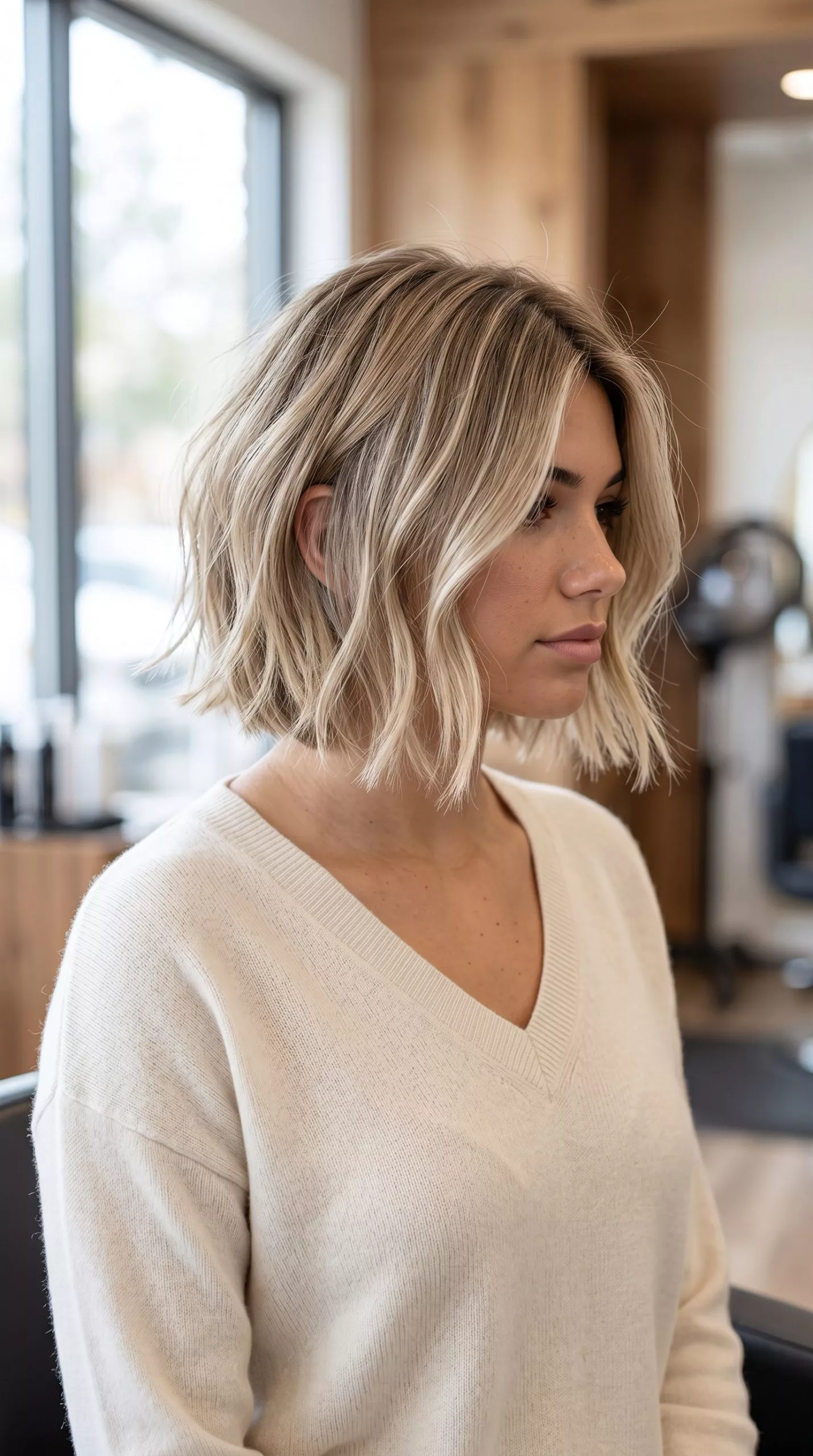 chin-length textured bob haircut with sandy blonde babylights and soft blunt perimeter for summer chic