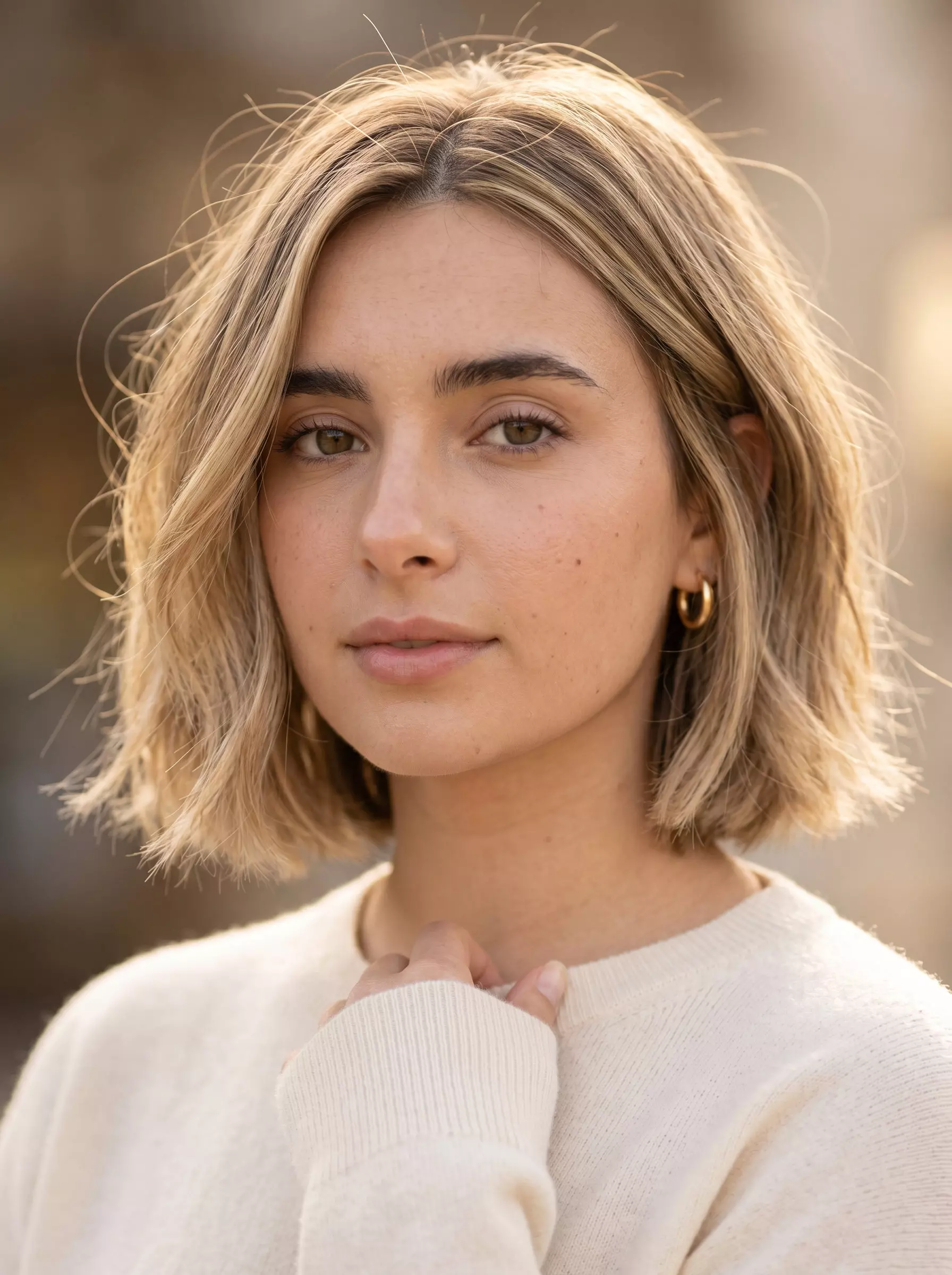 chin-length textured bob haircut in sandy blonde with balayage and babylights for summer
