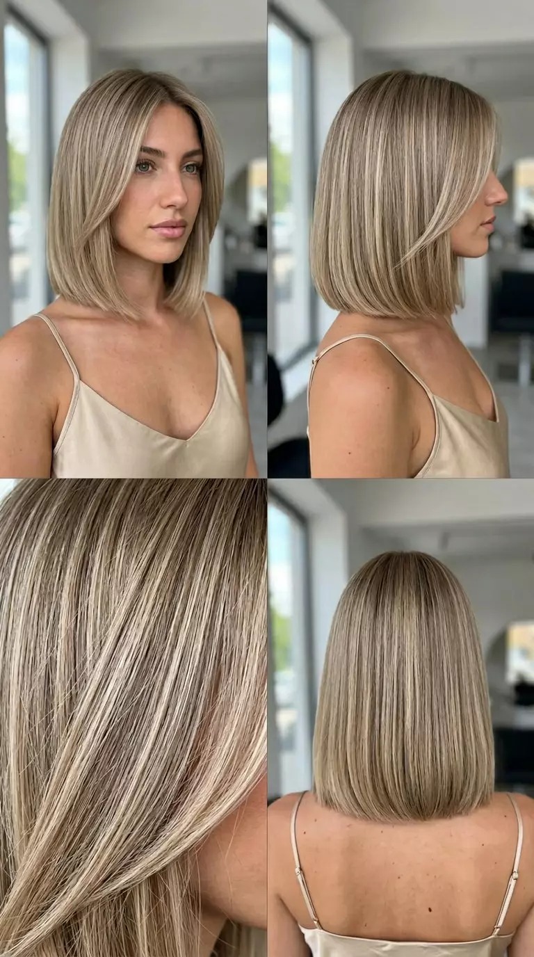 short blunt bob with sandy blonde, cool beige babylights, no fringe &mdash; effortless beach vacation style