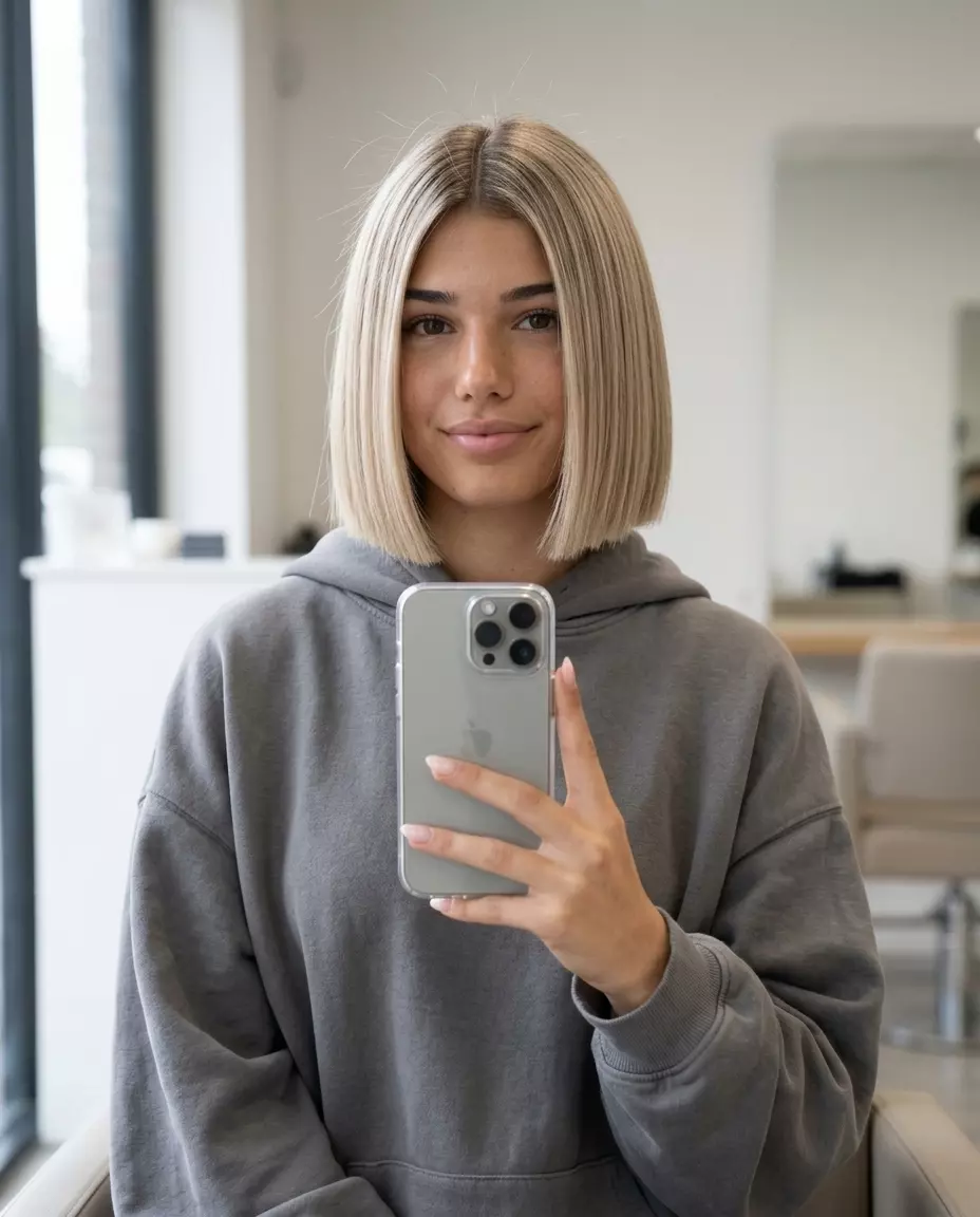 Structured Linen Box Bob 2026 short sandy blonde bob haircut with taupe root smudge, blunt cut, no fringe — modern minimalist professional