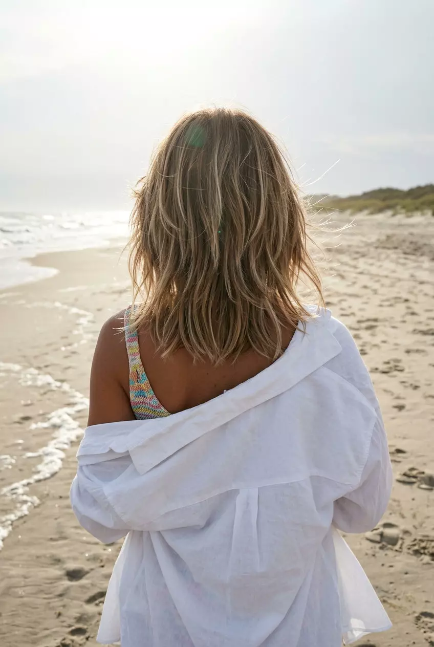 Boho Summer Shag Haircut 2026 medium shag haircut with sandy brown balayage and wispy curtain bangs for summer