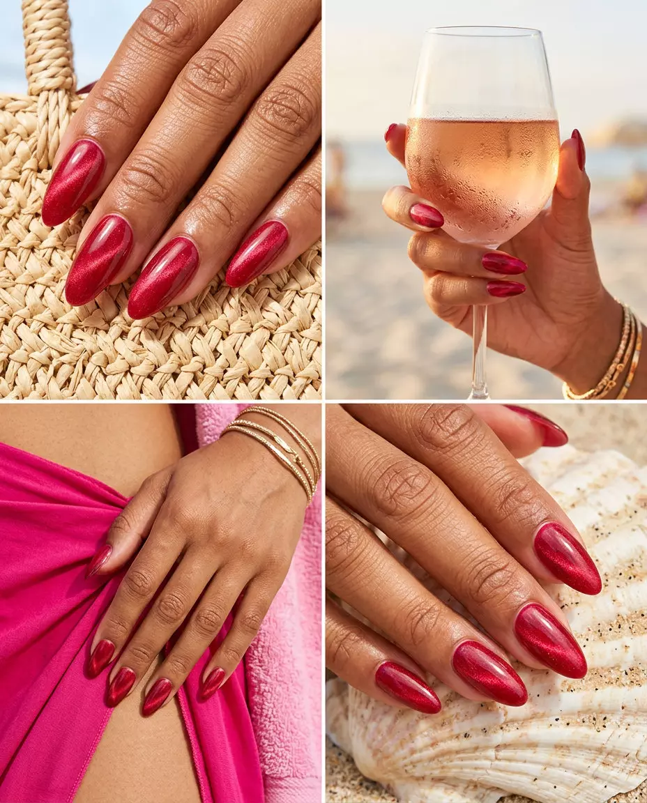 Shifting Strawberry Cat-Eye nails: Sultry deep red with magnetic purple/pink shift.