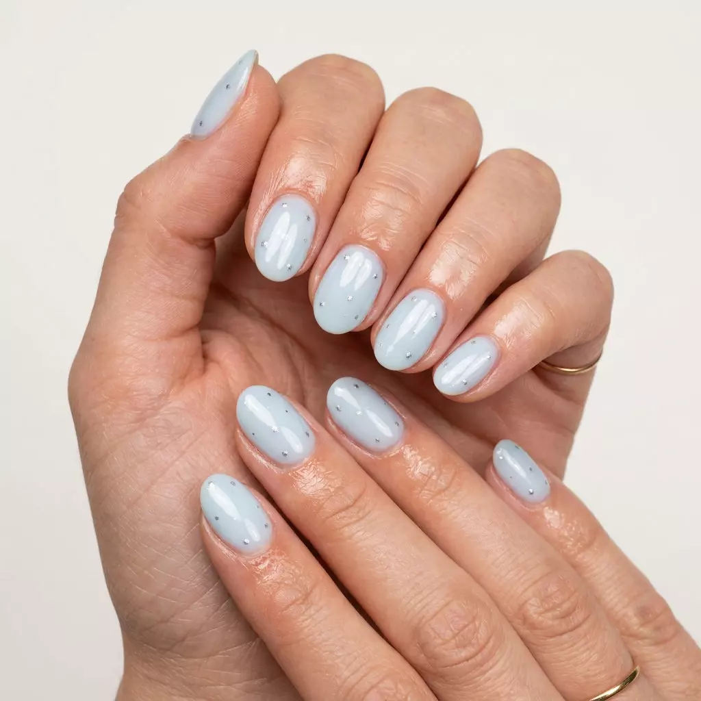 Arctic Chrome Dots: Short Oval Summer Nails 2026 Short oval summer nails 2026: Arctic Chrome Dots in pale blue and silver for vacation or parties.