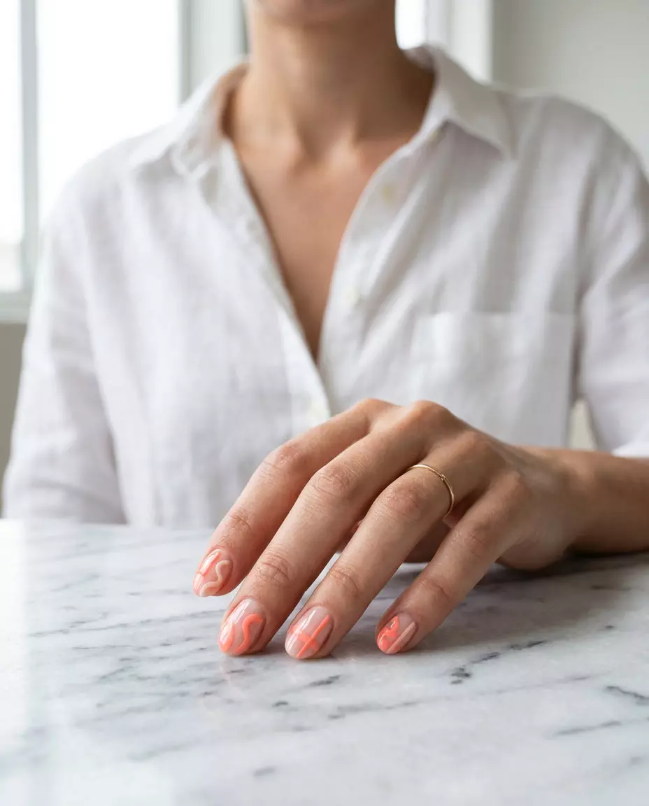 Coral Art Line Abstract Short Oval Nails 2026 Playful coral abstract lines on short oval nails for casual everyday, festivals, summer parties. Short oval summer nails 2026.
