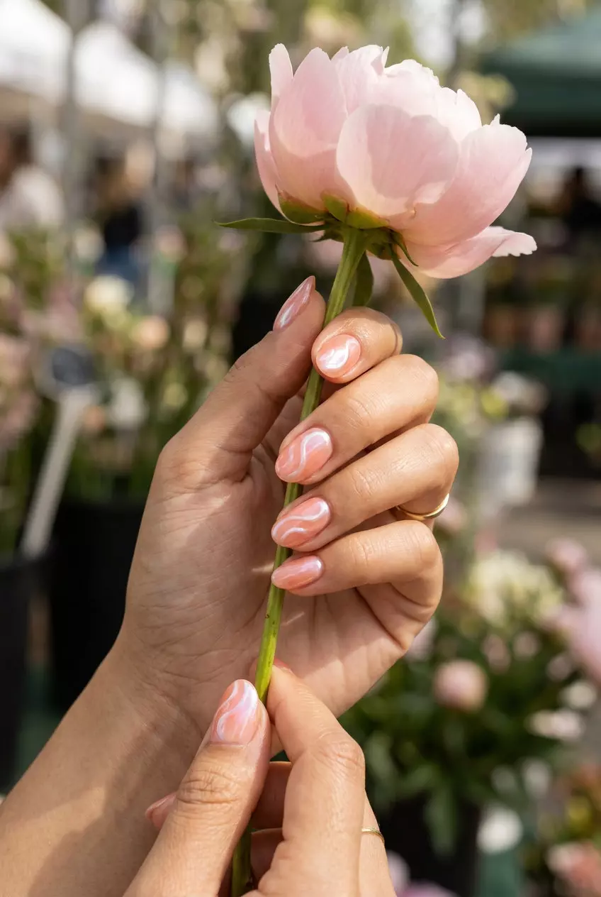 Coral Swirl Pearlescent Nails 2026 Romantic coral pearlescent swirls short oval summer nails 2026 for elegant evening events and date nights.