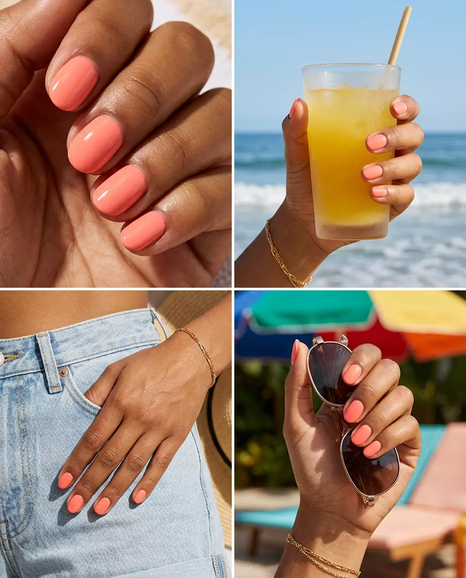 Coral Glossy Oval Nails 2026 Vibrant light coral short oval summer nails 2026 with a high-gloss finish, perfect for vacation and casual outings.