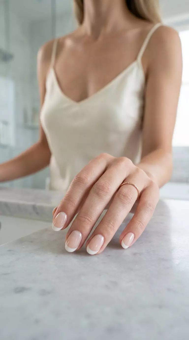 Milky Moon Reverse French Short Oval Nails 2026 Clean milky white moon reverse French on short oval nails for daily, work, casual. Short oval summer nails 2026.