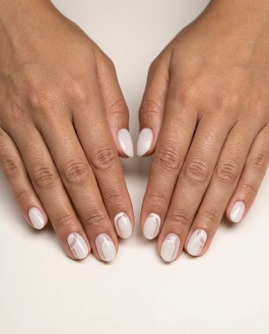 Negative Space Milky Accents Short Oval Nails 2026 Chic negative space milky white accents on short oval nails for daily wear, work, casual. Short oval summer nails 2026.