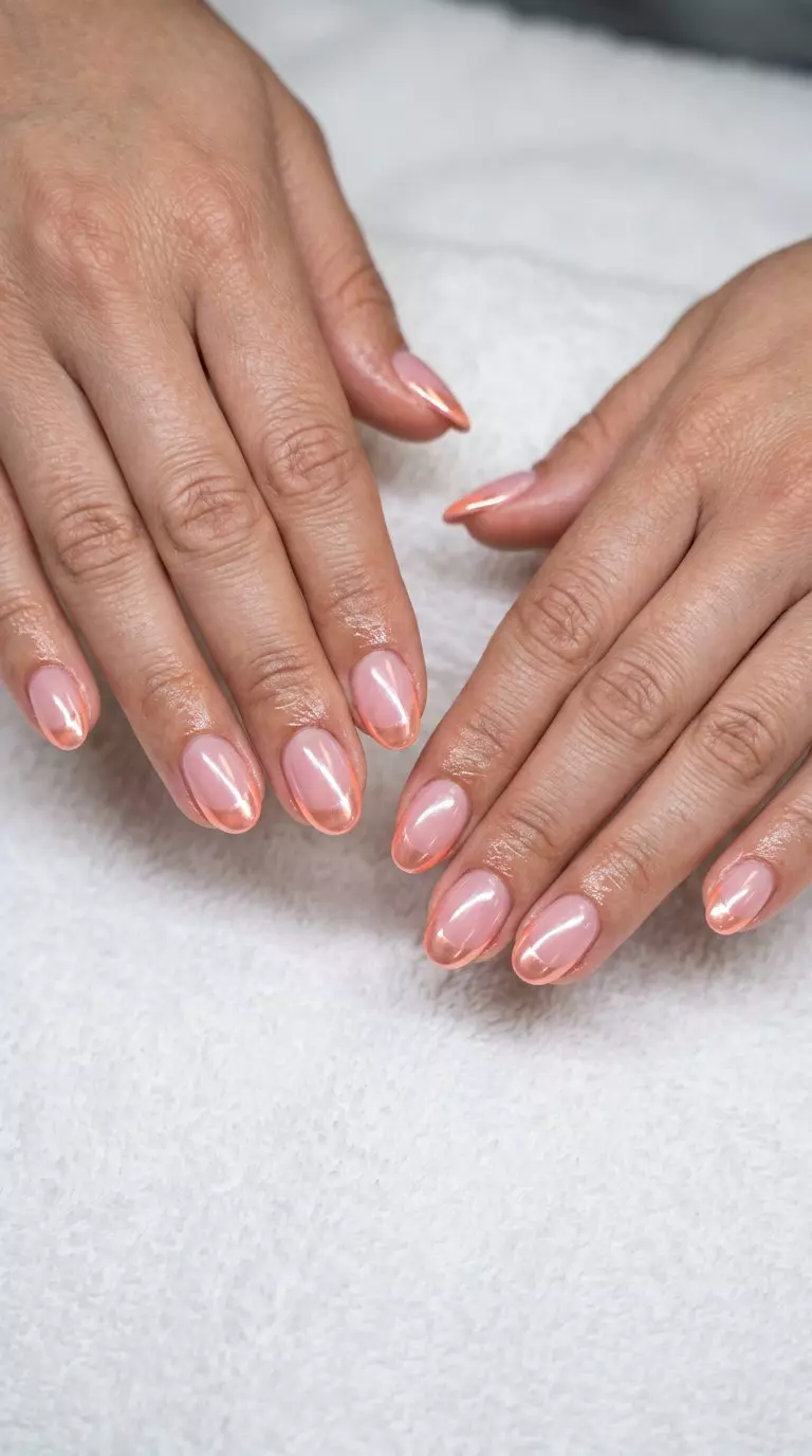 Peach Fuzz Chrome French: Short Oval Summer Nails 2026 Short oval summer nails 2026: Peach Fuzz Chrome French for glamorous parties and vacations.