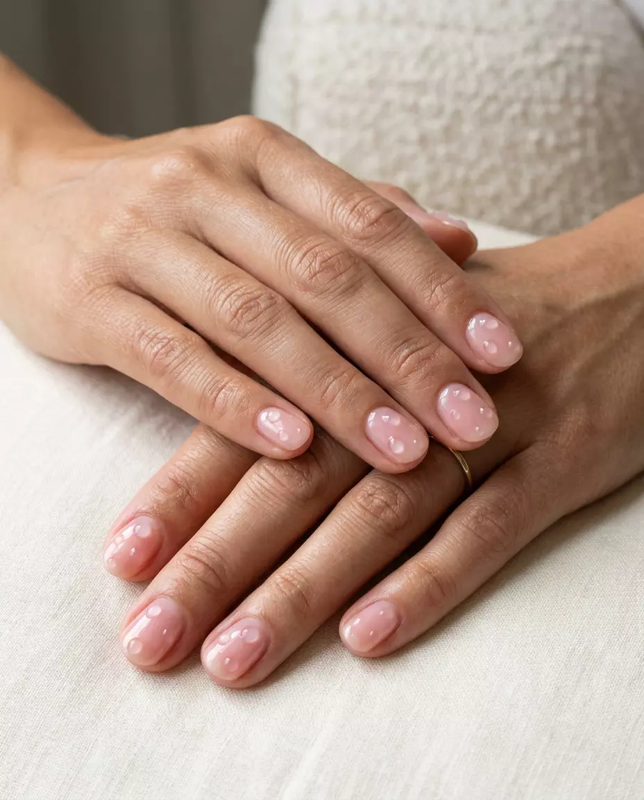 Pink Dew Drops Oval Nails 2026 Whimsical sheer pink dew drops short oval summer nails 2026 for weddings, bridal showers, and date nights.