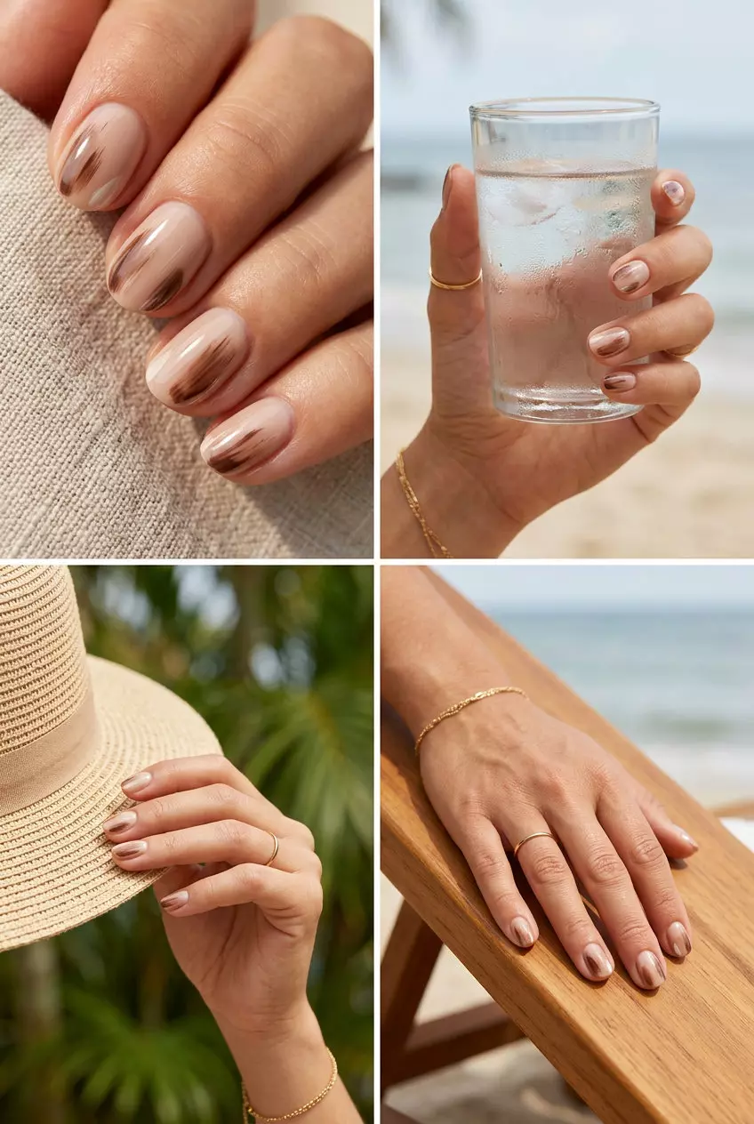 Short round summer nails 2026 with abstract nude and brown brush strokes for a sophisticated, artistic look.