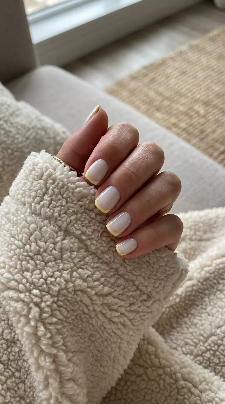 Short round summer nails 2026: Butter yellow micro French tips on a sheer milky base for a cheerful, clean look.