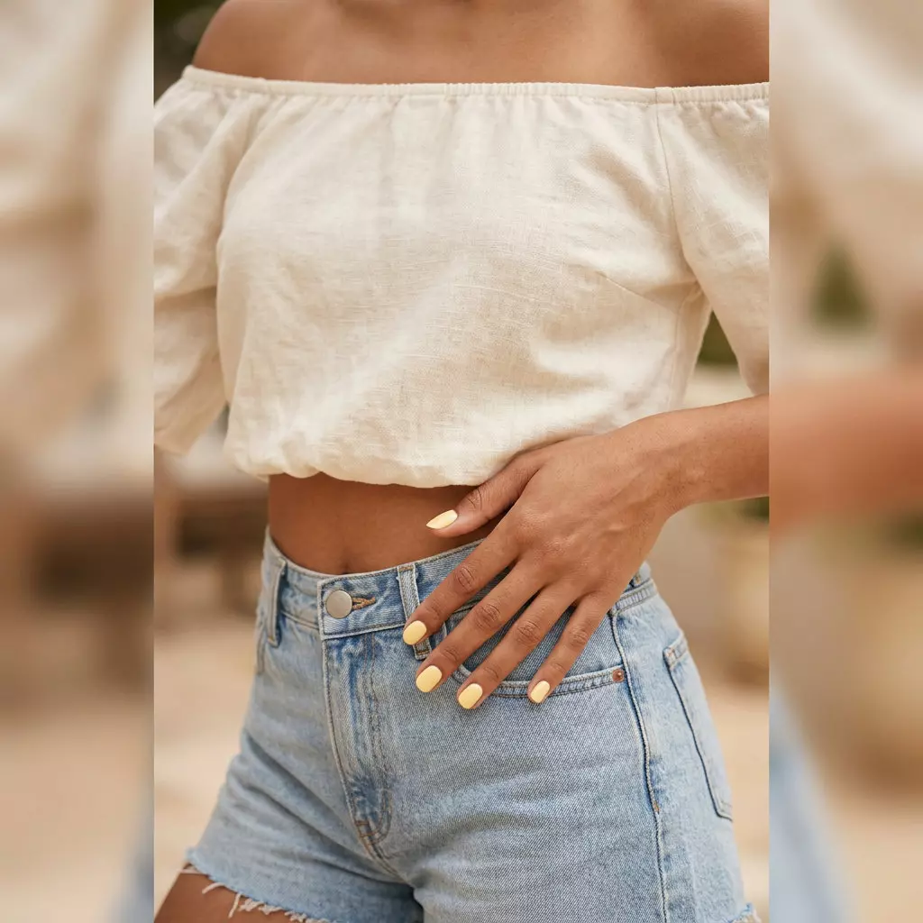 Short round summer nails 2026: Buttercup Creamy Round Glaze for cheerful daily wear. Bright and clean glossy finish.