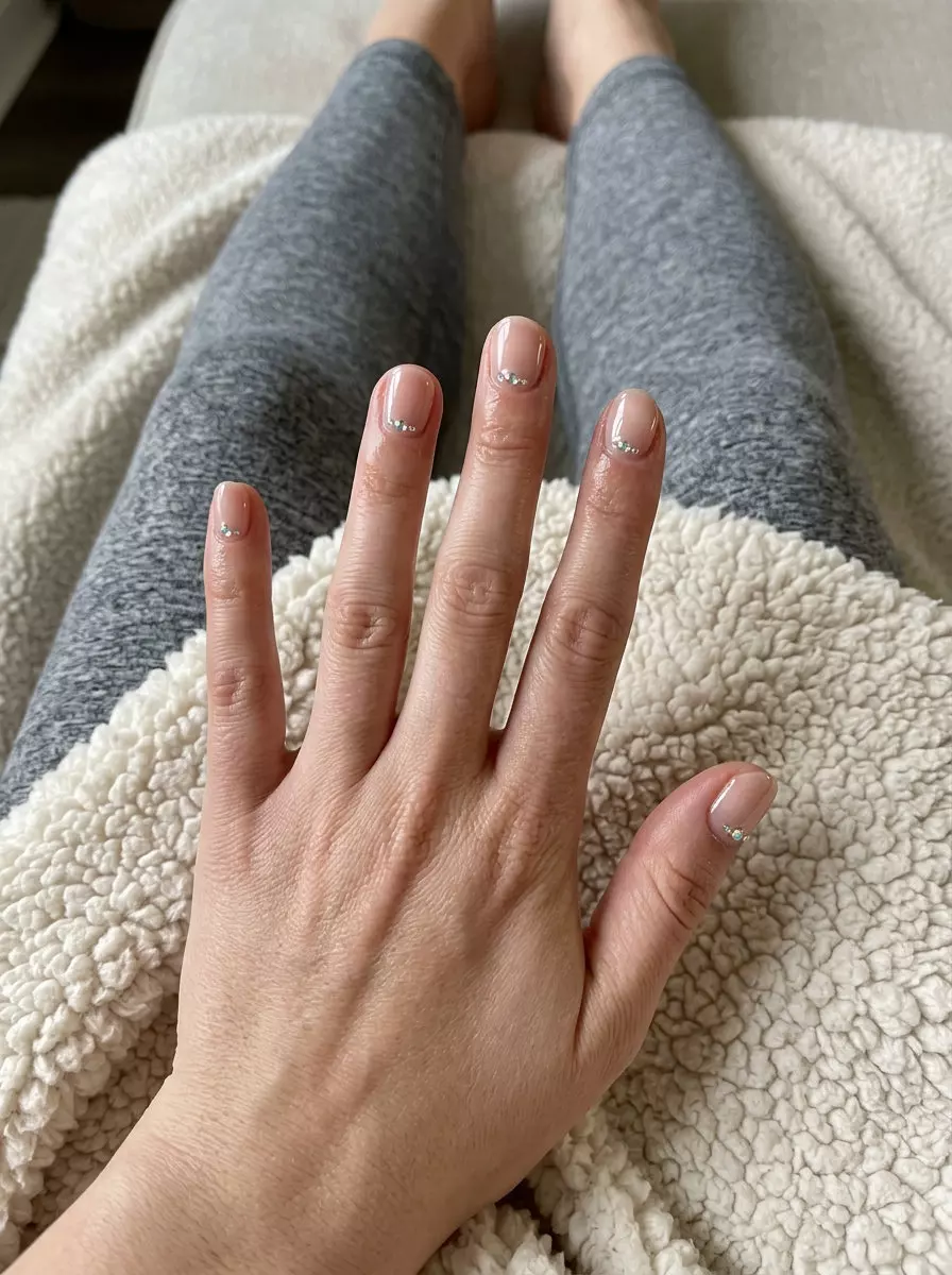 Short round summer nails 2026 with clear gloss and iridescent rhinestones for a glamorous, sparkly look.