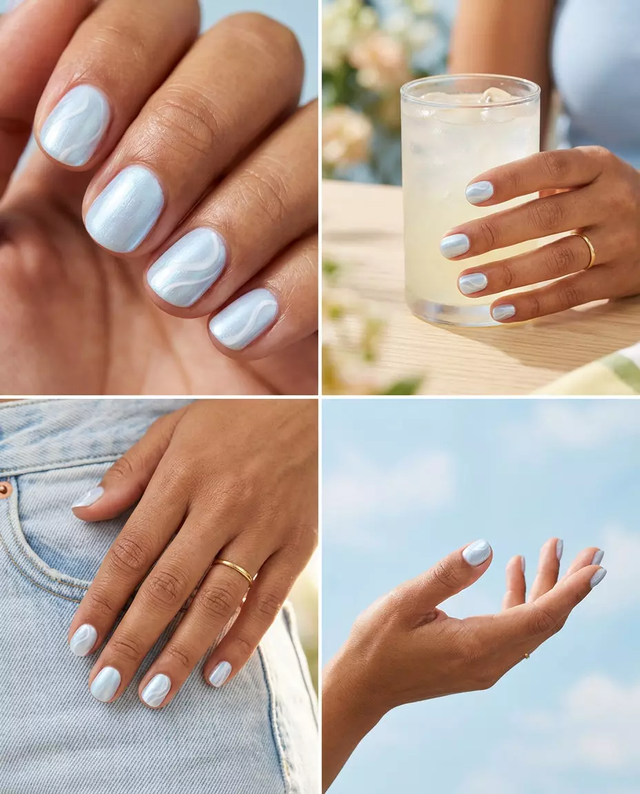 Short round summer nails 2026 with ethereal sky swirls in pale blue and white for a dreamy look.